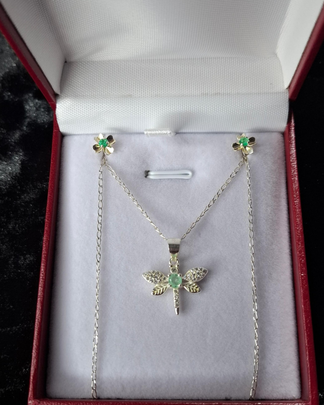 Set libélula en plata ley 925 con esmeraldas genuinas colombianas