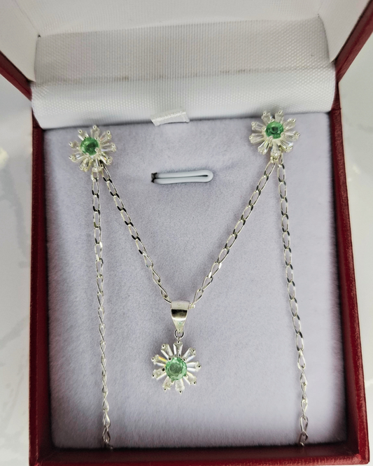 Set flor plata 925 con esmeraldas genuinas y circones