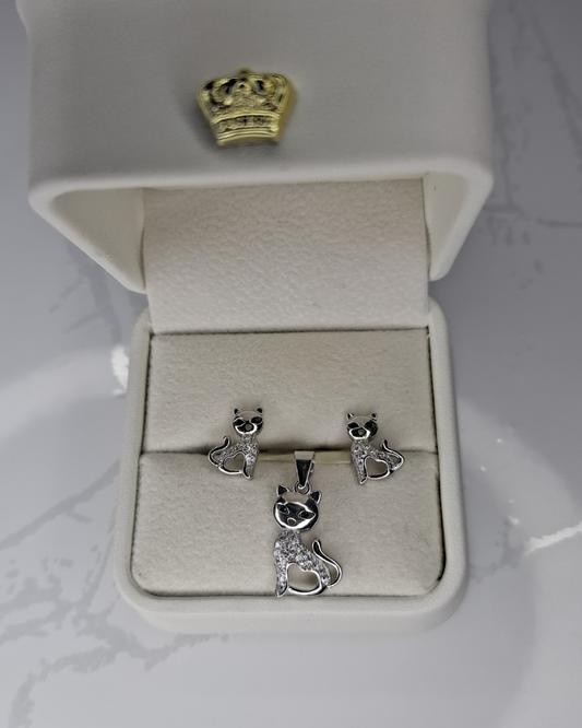 Topos y dije gato de plata con circon