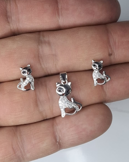 Topos y dije gato de plata con circon